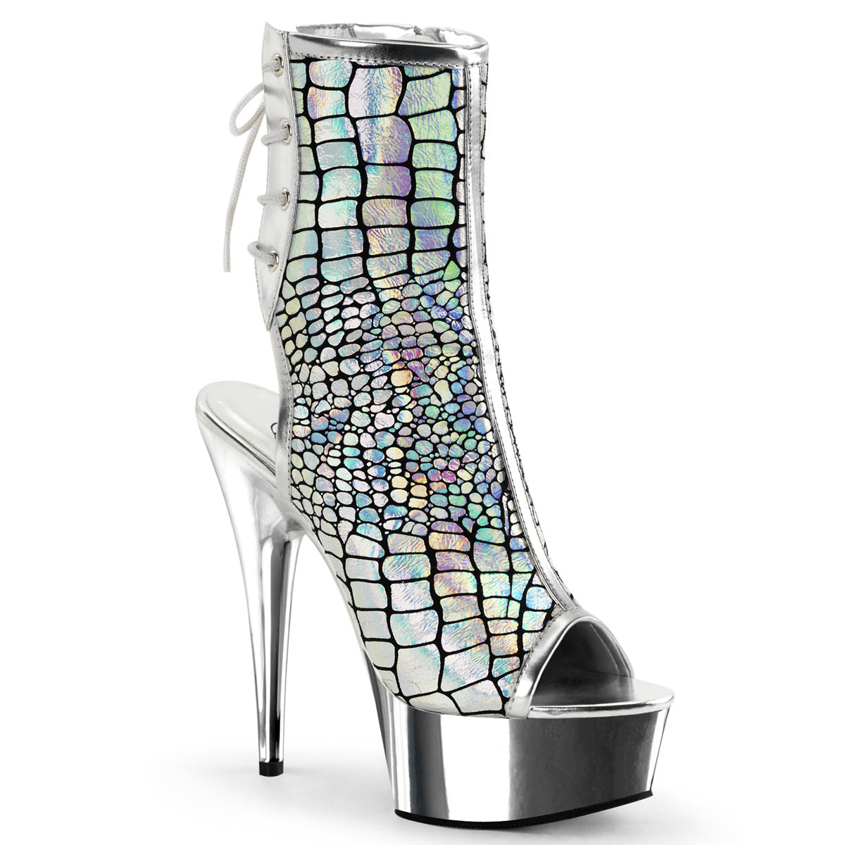 Pleaser Damenknöchelstiefel DELIGHT-1018HG SLV Hologramm Strauß PU/SLV Chrom