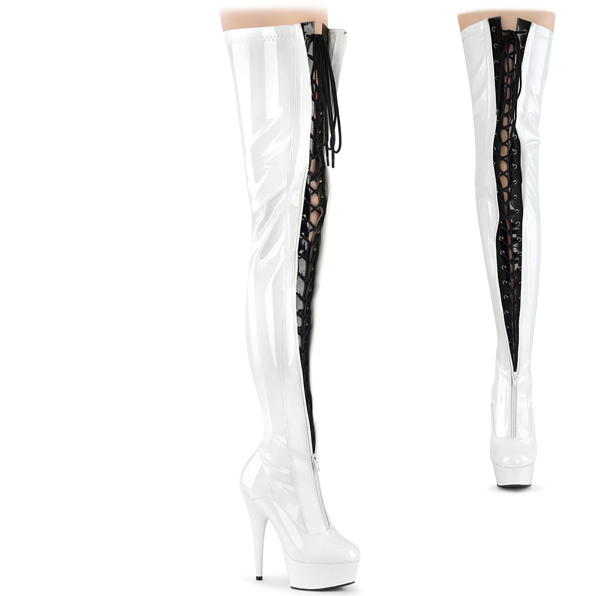 Pleaser  Boots DELIGHT-3027 Wht-Blk Str. Pat/Wht