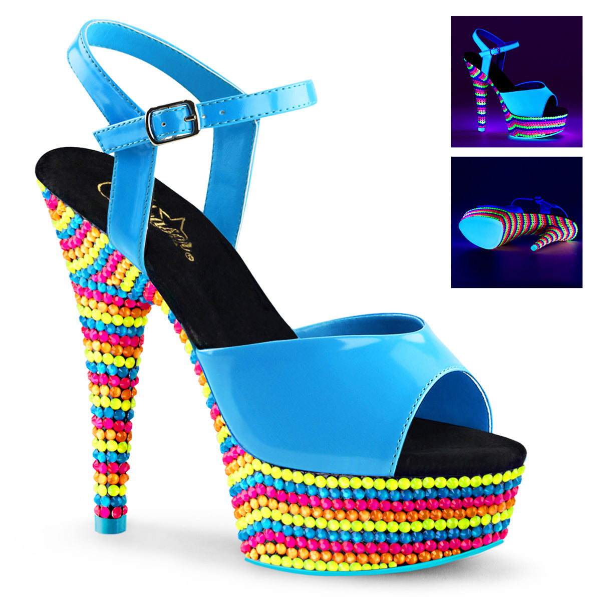 Pleaser Womens Sandals DELIGHT-609RBS Neon Blue Pat/Neon Multi