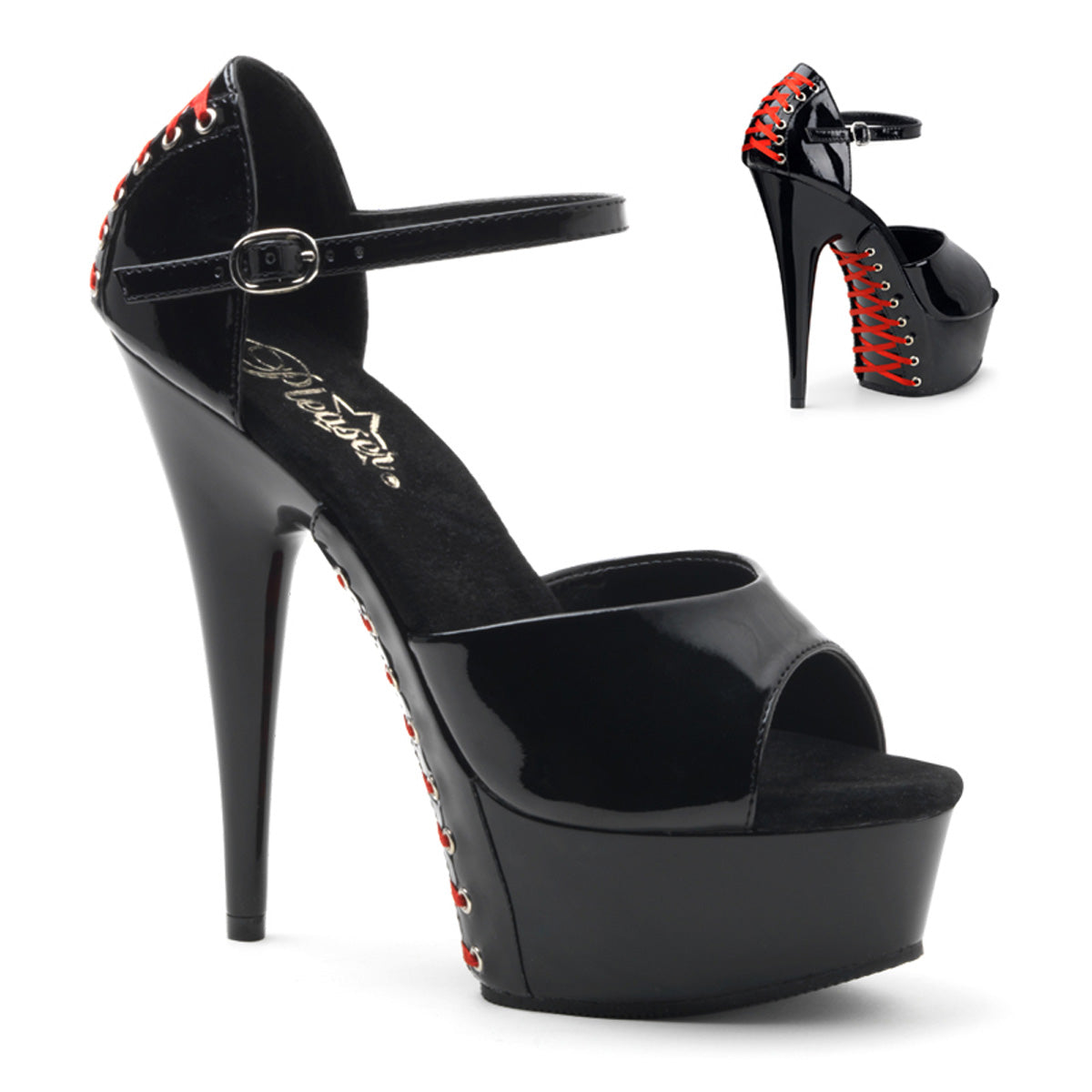 Pleaser Womens Sandals DELIGHT-660FH Blk Pat/Blk (Red Lace)