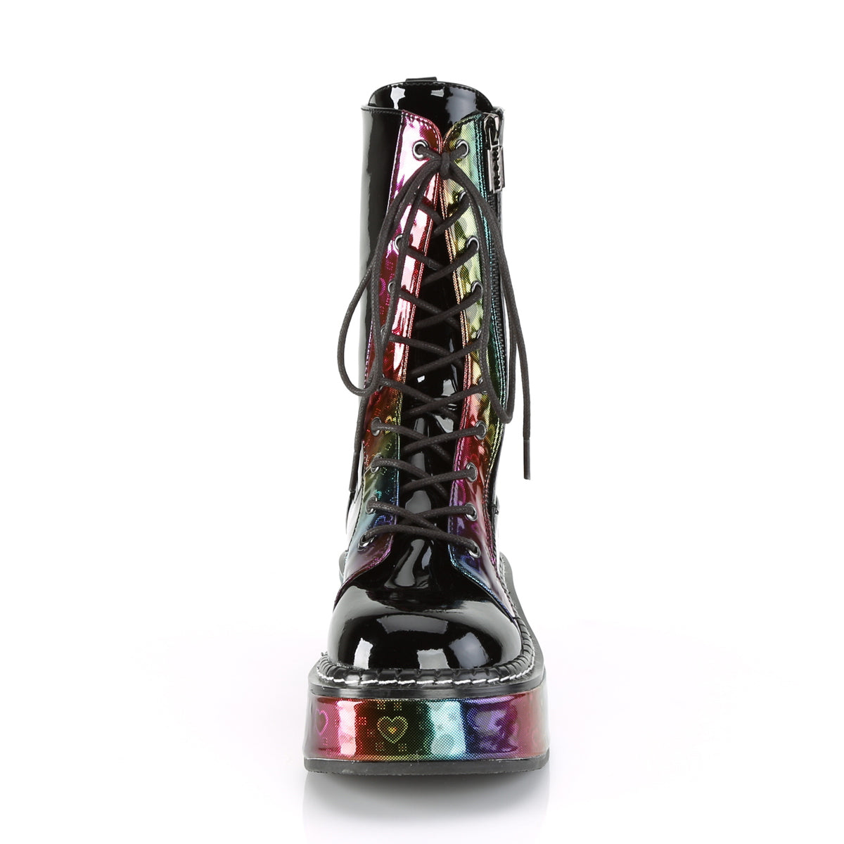 DemoniaCult Frauenstiefel EMILY-350 Blk Pat-Rainbow Hologramm mit Herzen