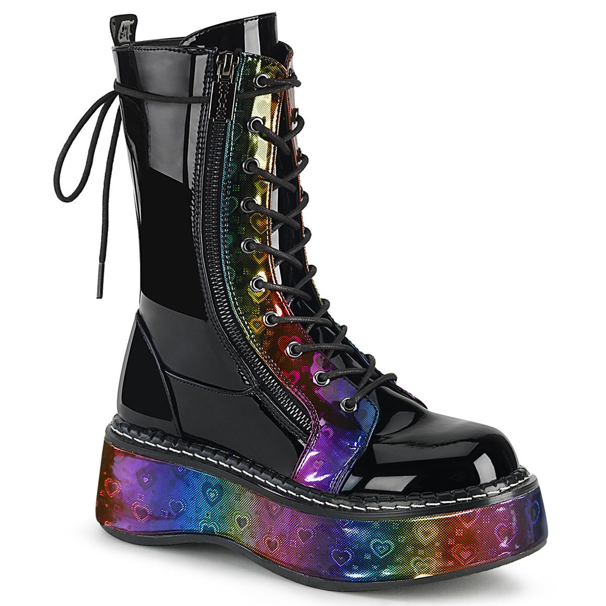 DemoniaCult Frauenstiefel EMILY-350 Blk Pat-Rainbow Hologramm mit Herzen