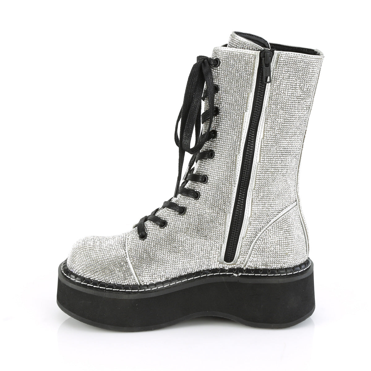 DemoniaCult Frauenstiefel EMILY-362 Silber veganer Leder-Rhinestone