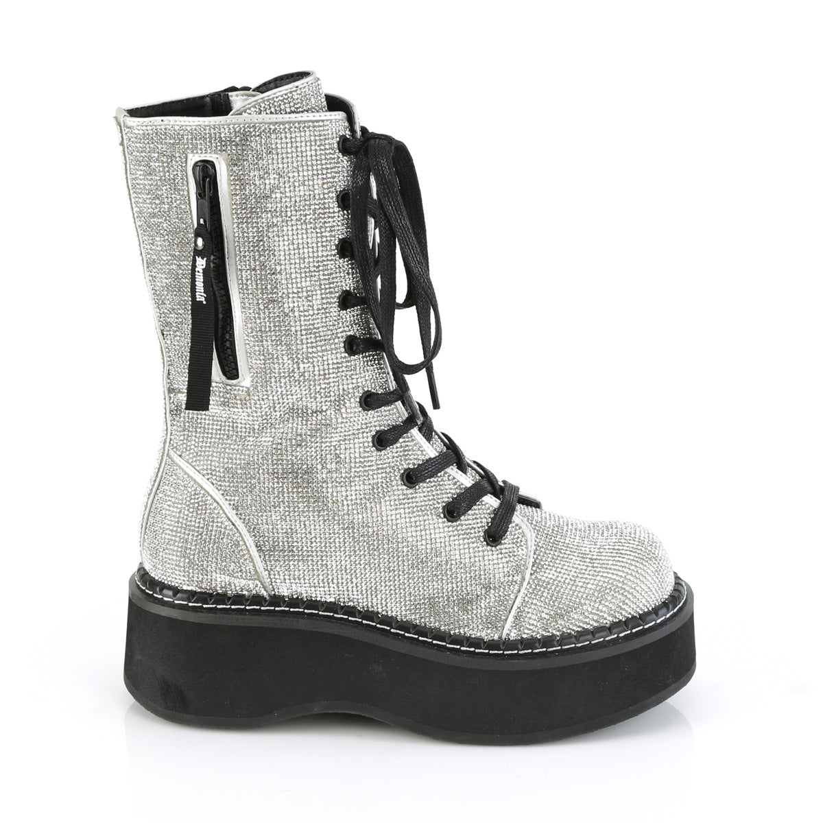 DemoniaCult Frauenstiefel EMILY-362 Silber veganer Leder-Rhinestone