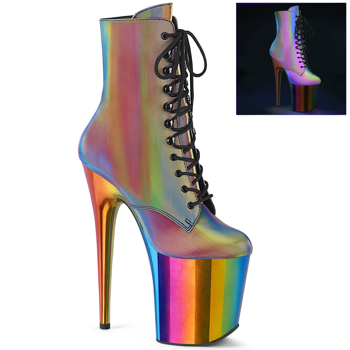 Pleaser Womens Ankle Boots FLAMINGO-1020RC Rainbow Reflective/Rainbow Chrome