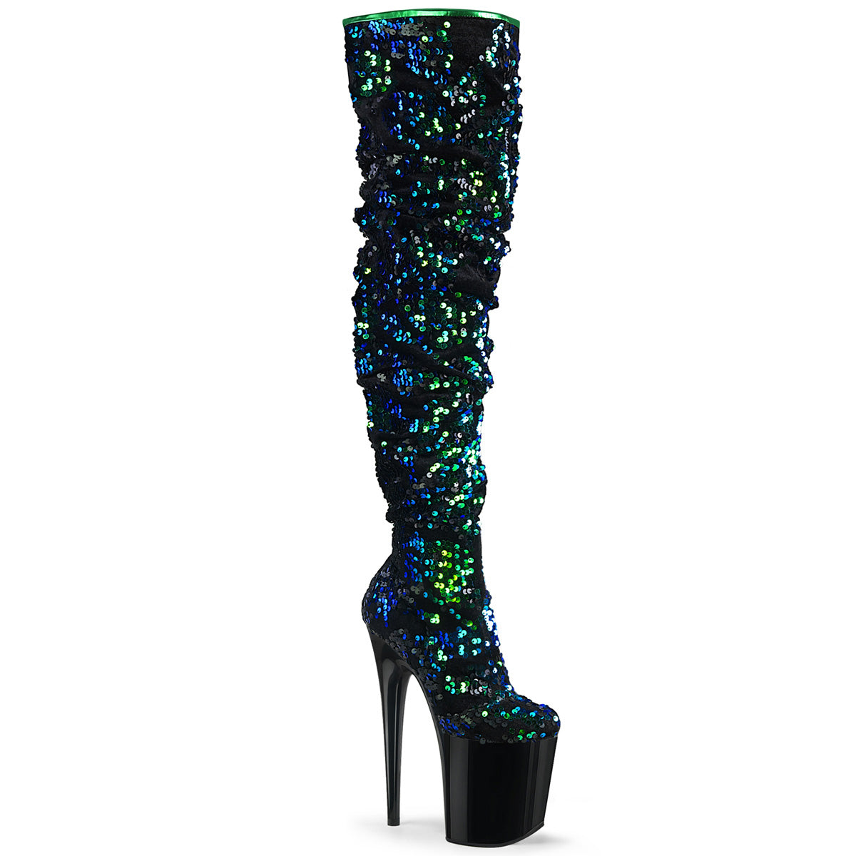 Pleaser Womens Boots FLAMINGO-3004 Green Iridescent Sequins/Blk