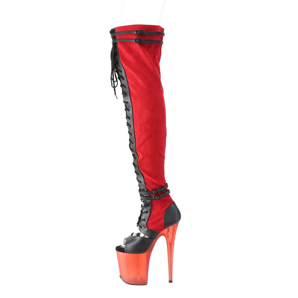 Pleaser Womens Boots. FLAMINGO-3027 Rotes Faux-Wildleder-BLK-Kunstleder / Mattrotes