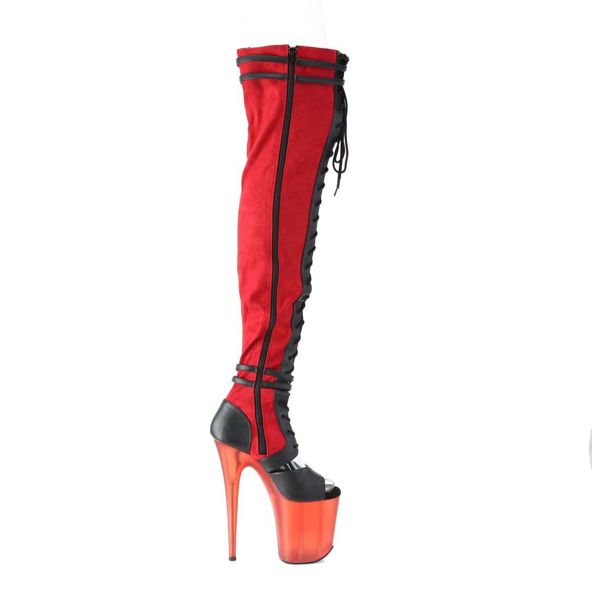 Pleaser Womens Boots. FLAMINGO-3027 Rotes Faux-Wildleder-BLK-Kunstleder / Mattrotes