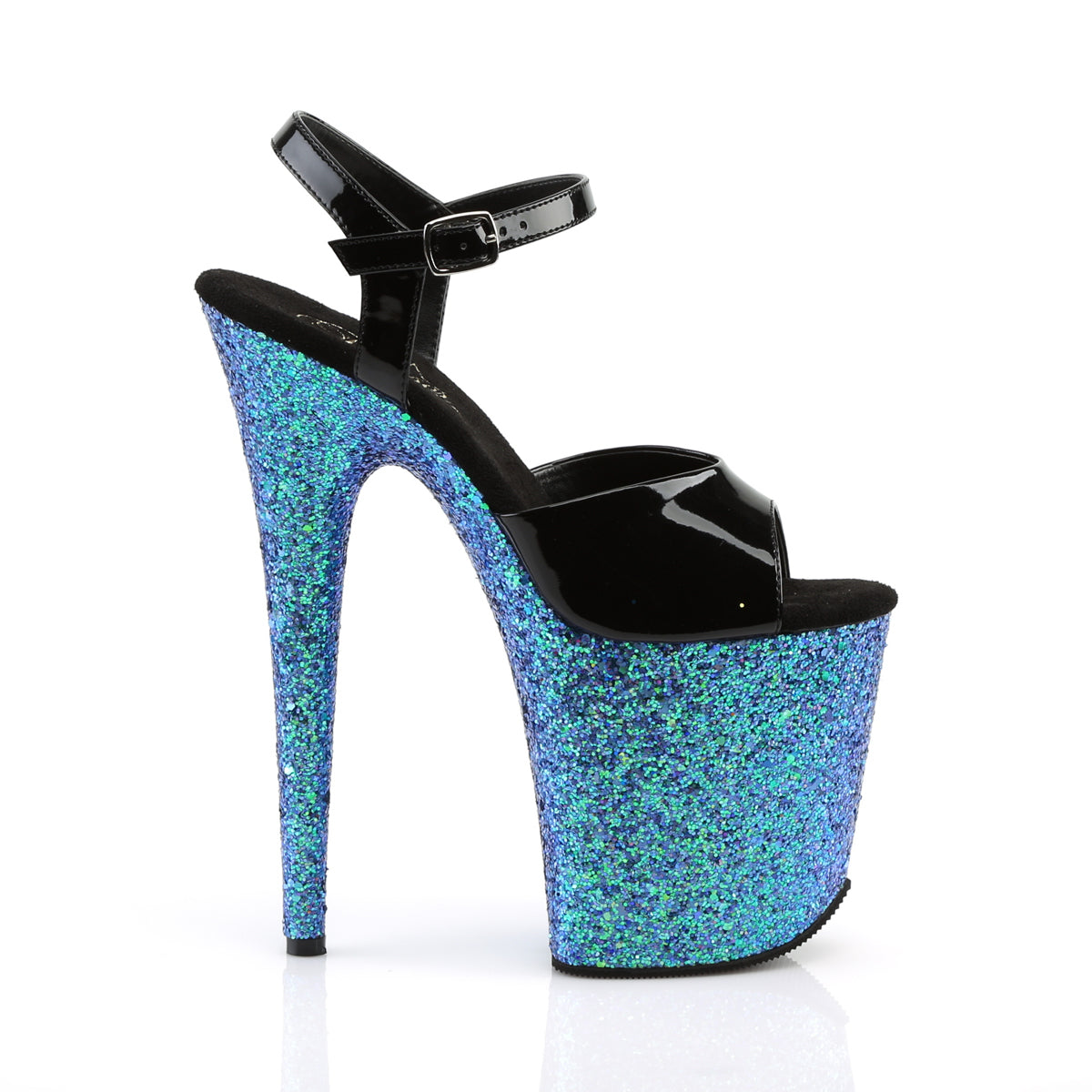 Pleaser Womens Sandals FLAMINGO-809LG Blk Pat/Blue Multi Glitter