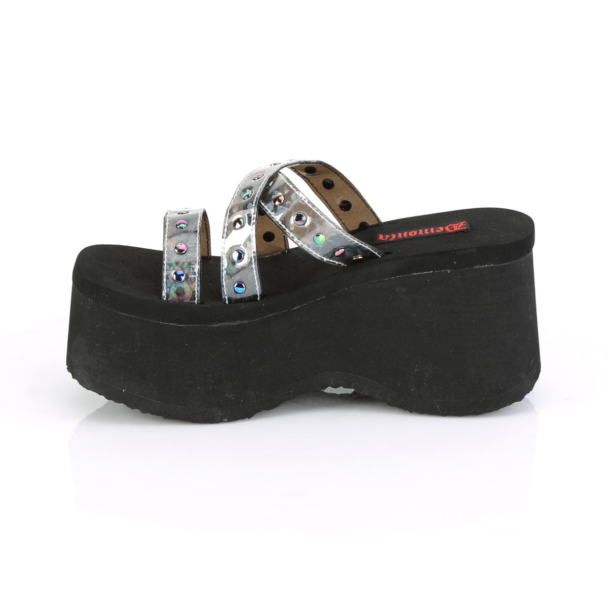 DemoniaCult Womens Sandals FUNN-19 Blk Oil Flick Hologram