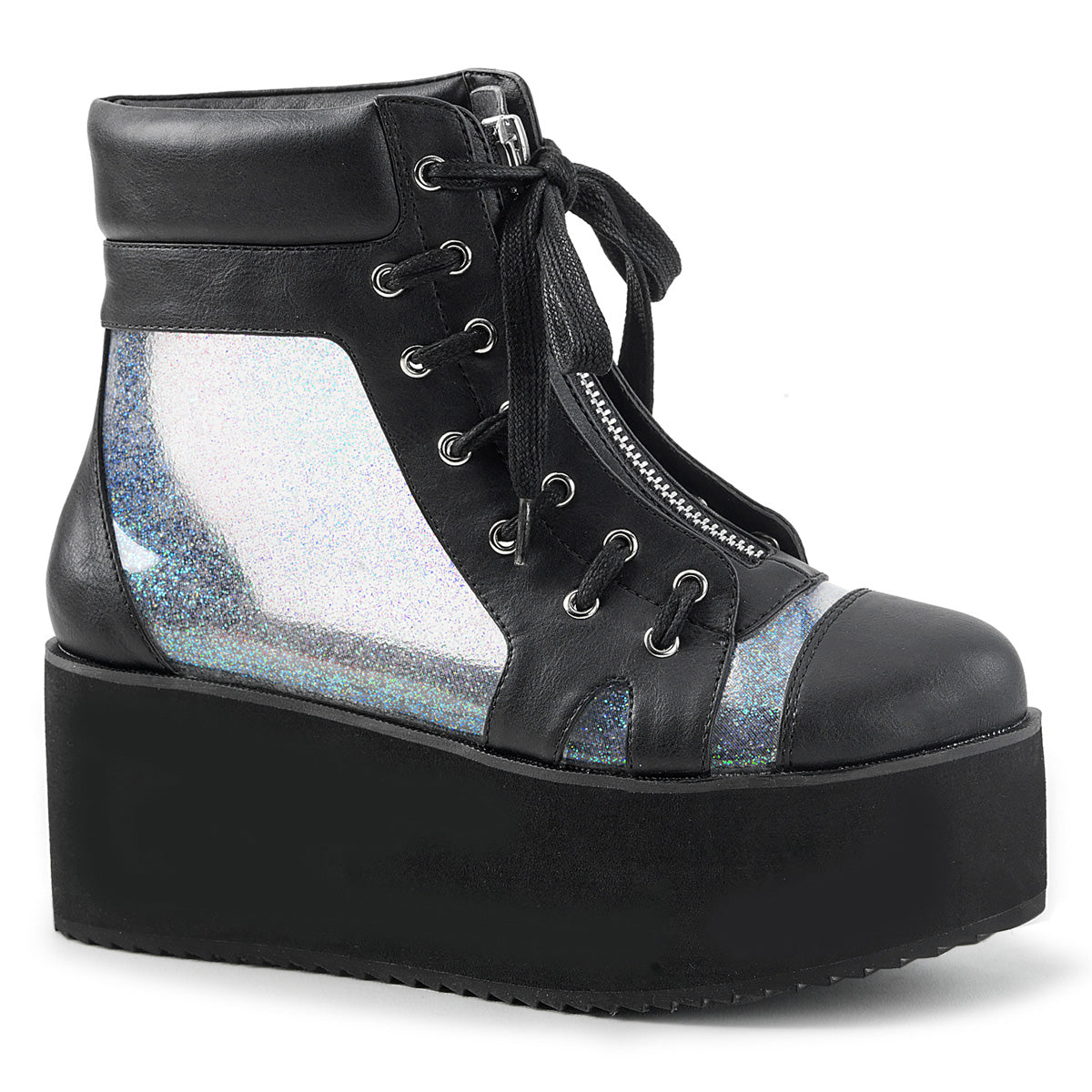 DemoniaCult Damenknöchelstiefel GRIP-102 BLK Vegan Leder-CLR-Hologramm TPU