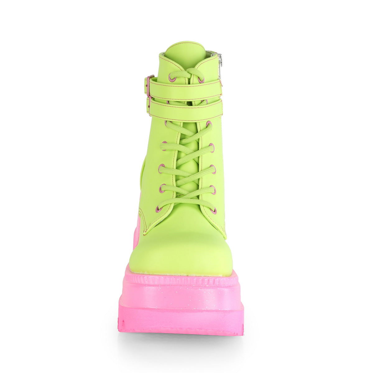 DemoniaCult Womens Boots SHAKER-52 Lime Reflective Vegan Leather/Pink