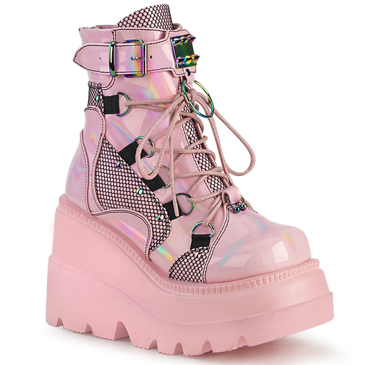 DemoniaCult Damenknöchelstiefel SHAKER-60 Baby rosa Hologramm