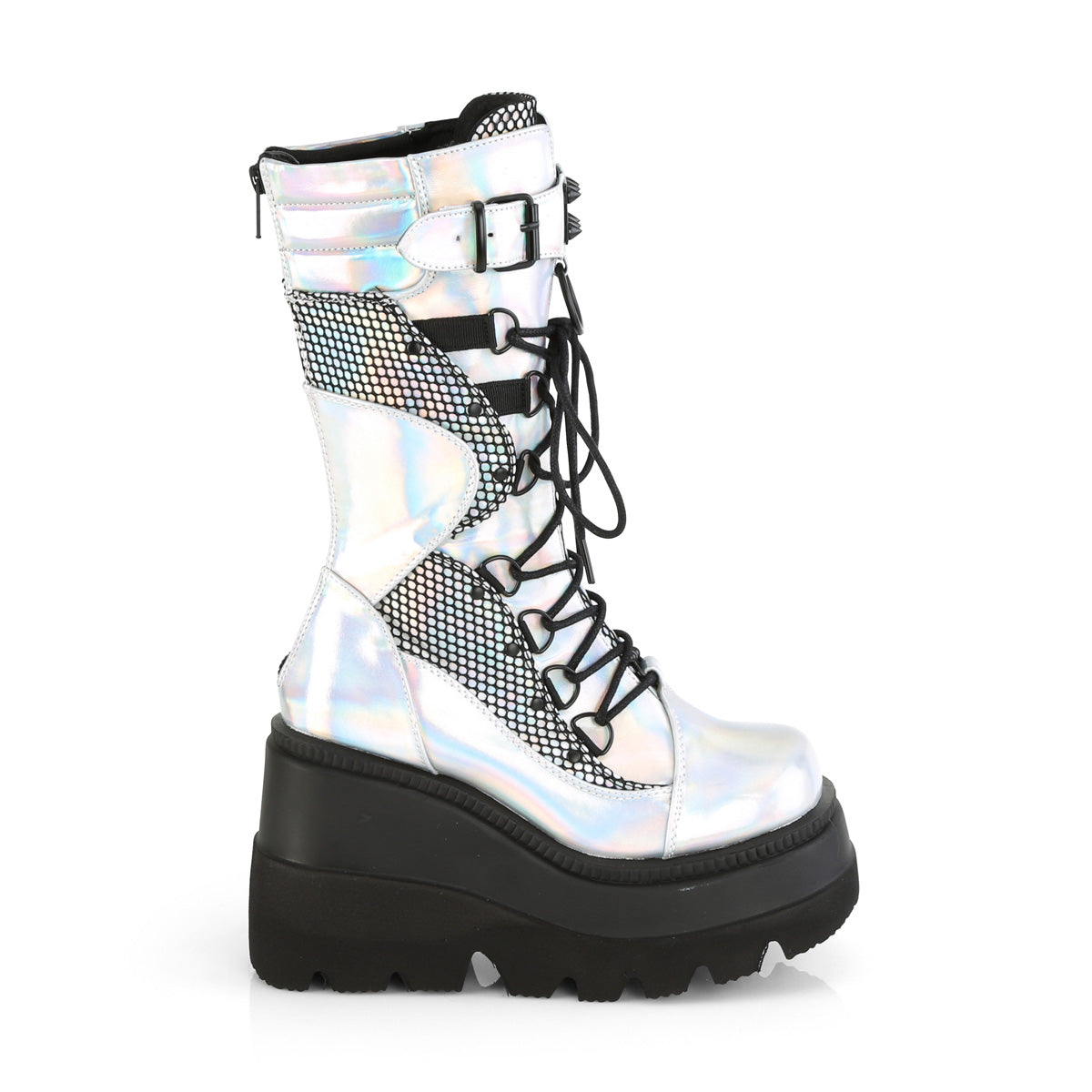 DemoniaCult Womens Boots SHAKER-70 Silver Holo. Vegan Leather-Blk Fishnet