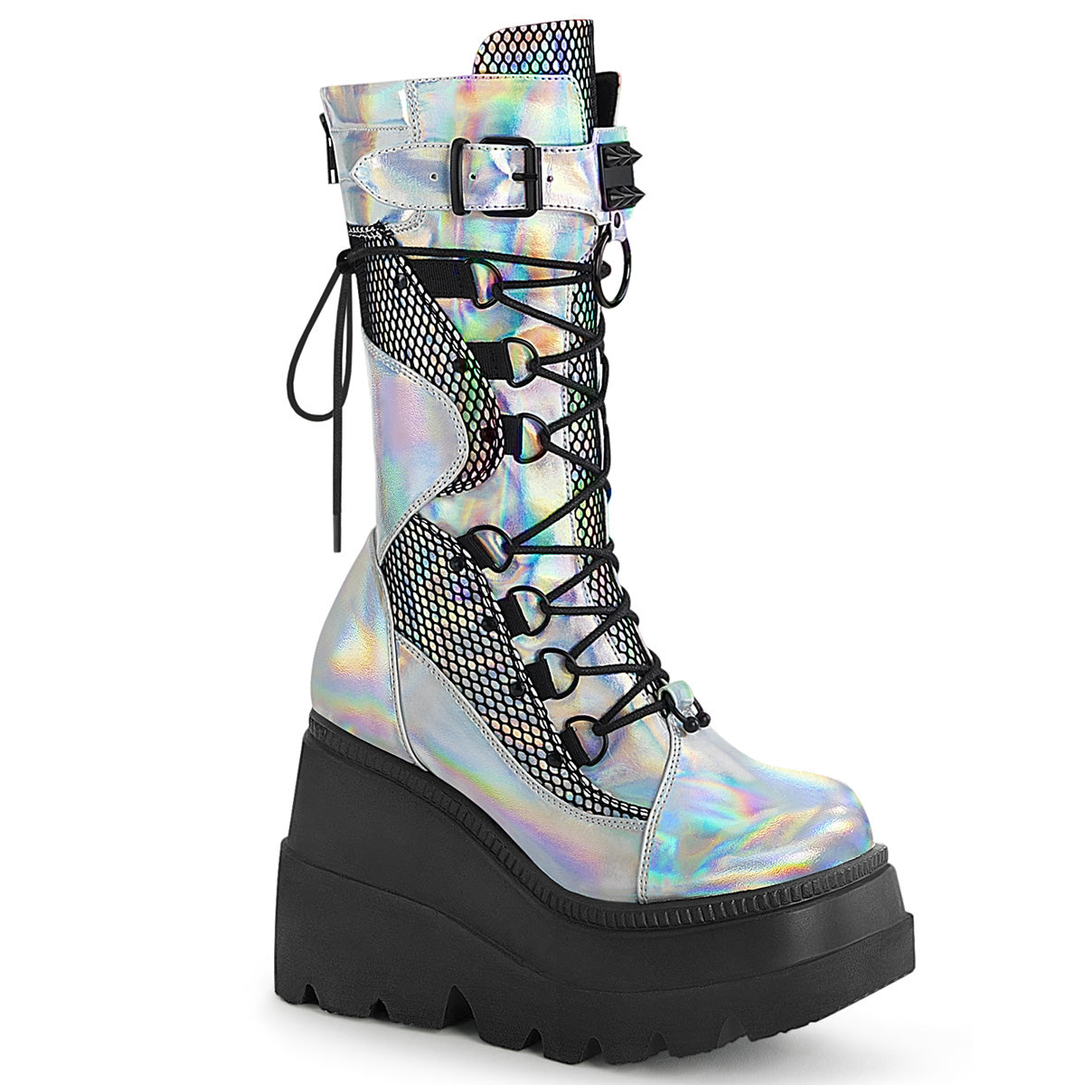 DemoniaCult Womens Boots SHAKER-70 Silver Holo. Vegan Leather-Blk Fishnet