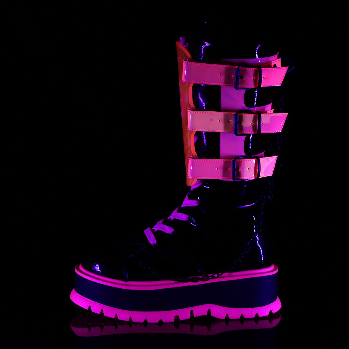 DemoniaCult  Stiefel SLACKER-156 BLK Patent-UV Neonrosa