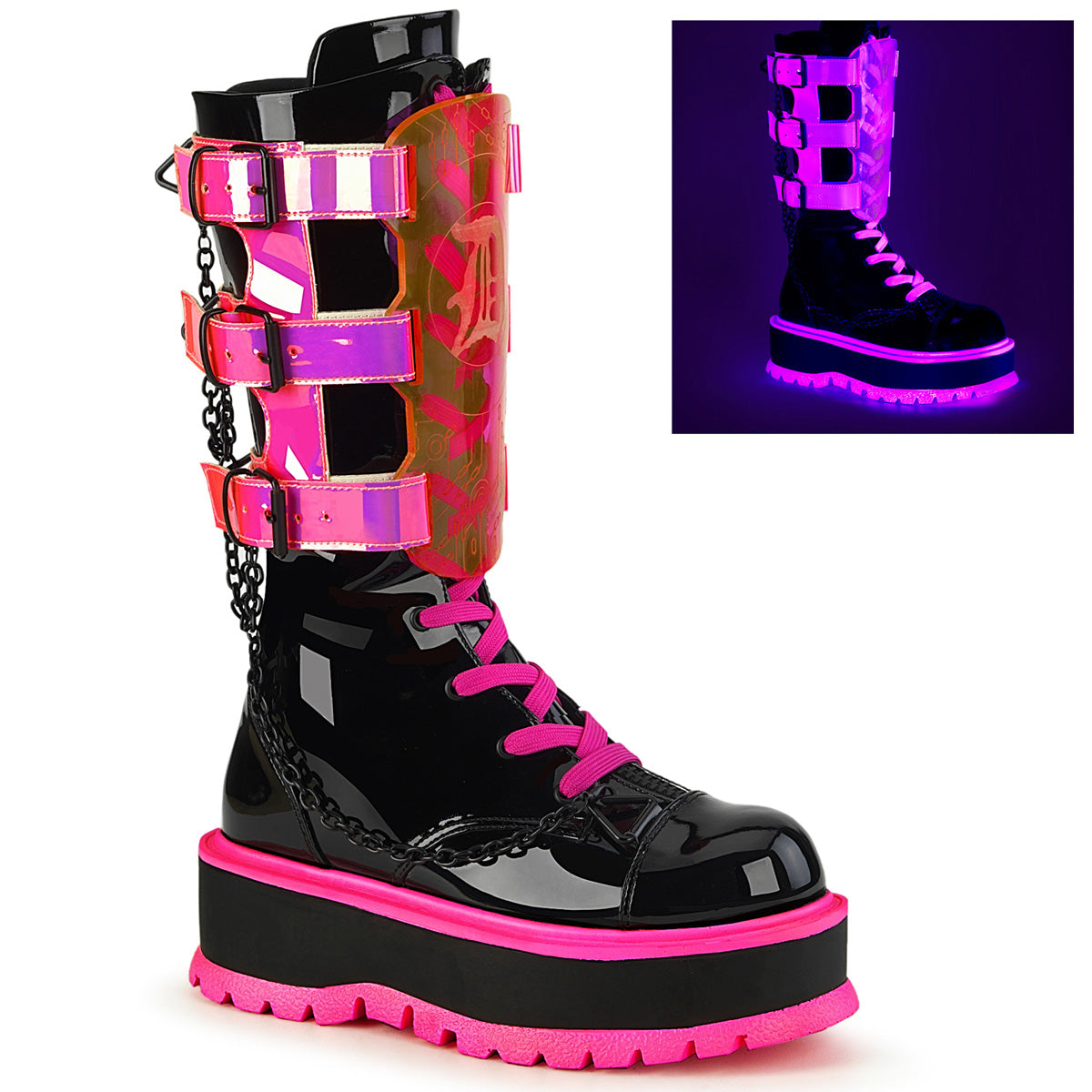 DemoniaCult  Stiefel SLACKER-156 BLK Patent-UV Neonrosa