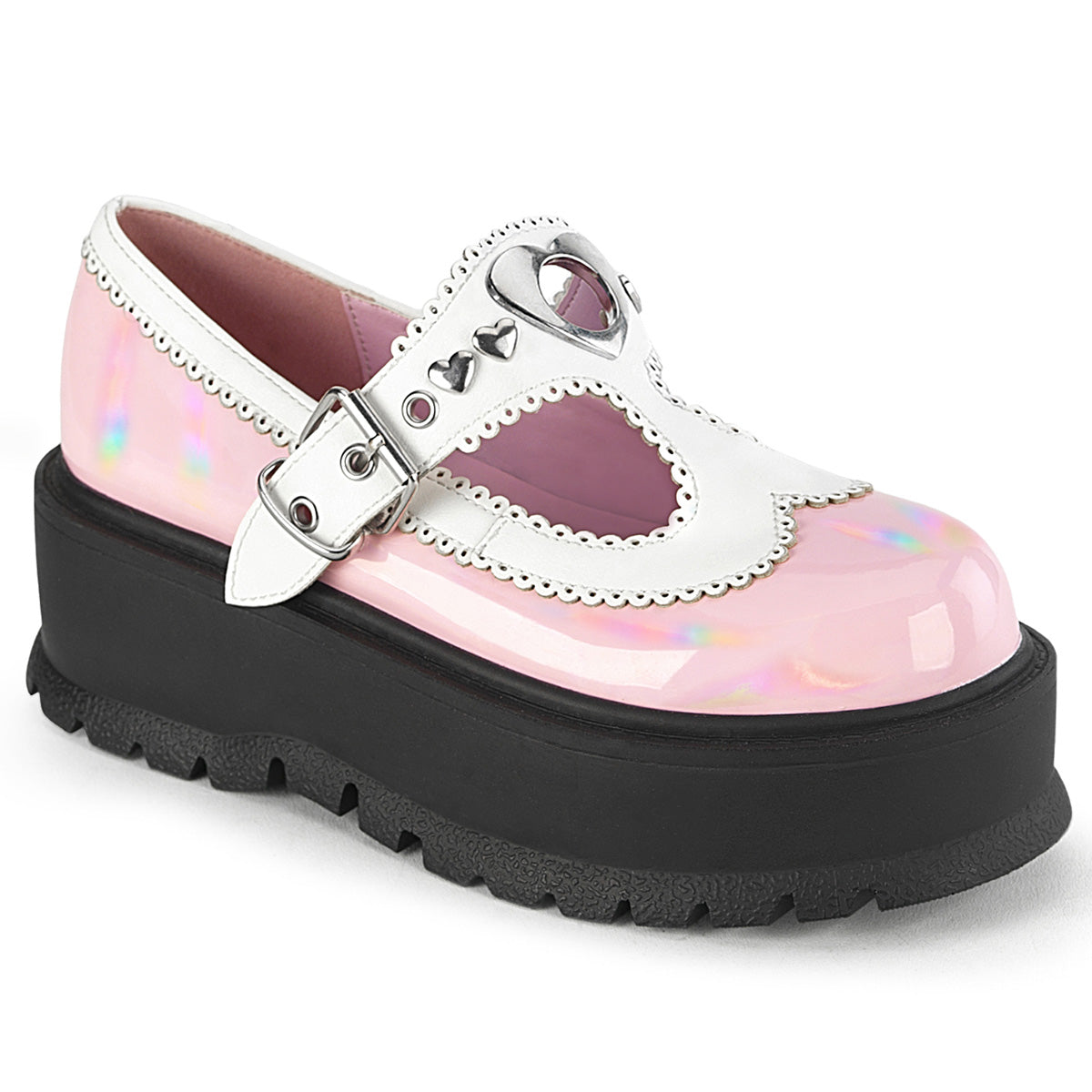 DemoniaCult   SLACKER-23 B. Pink Holo Pat-Wht Vegan Leder