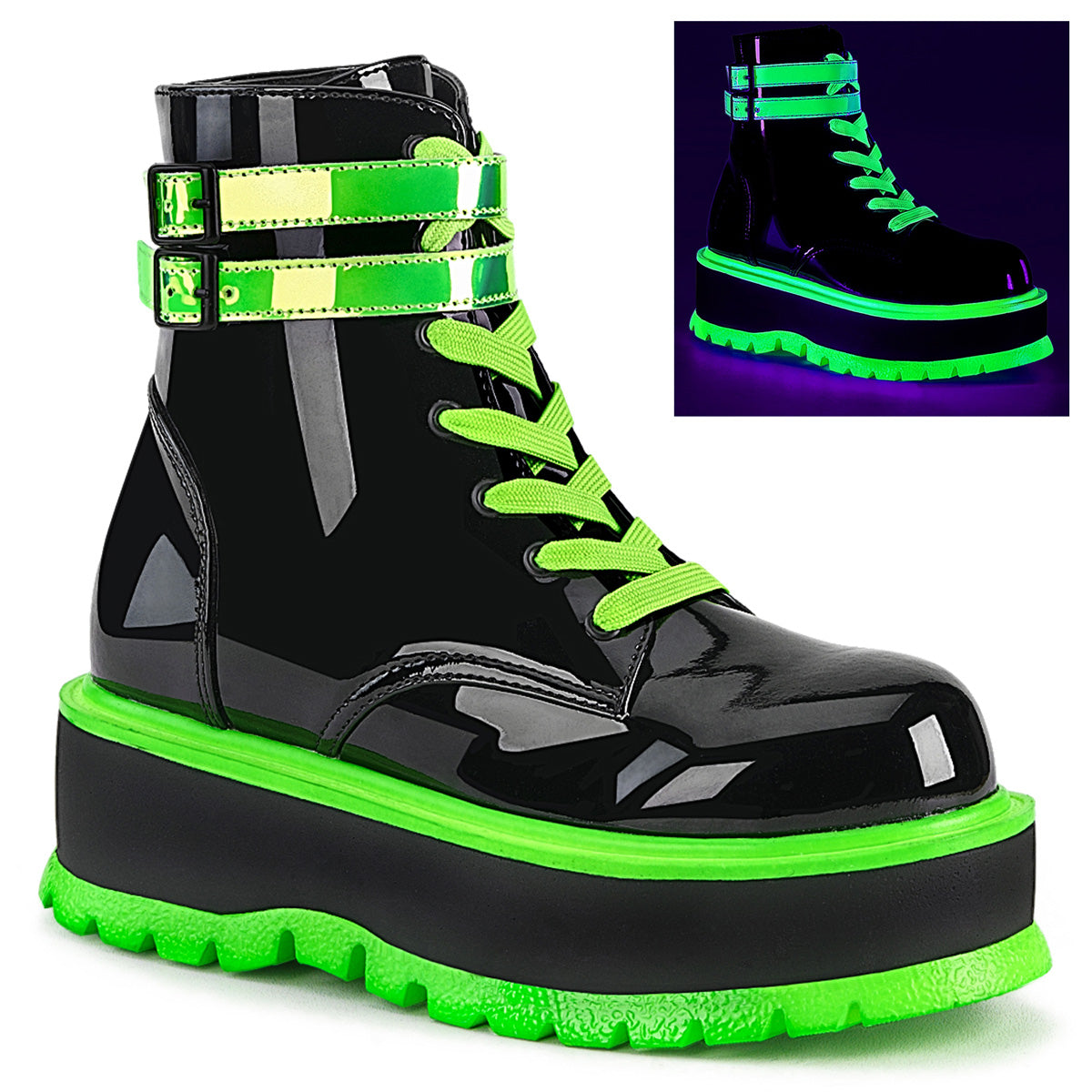 DemoniaCult Womens Ankle Boots SLACKER-52 Blk Pat-UV Iridescent Green