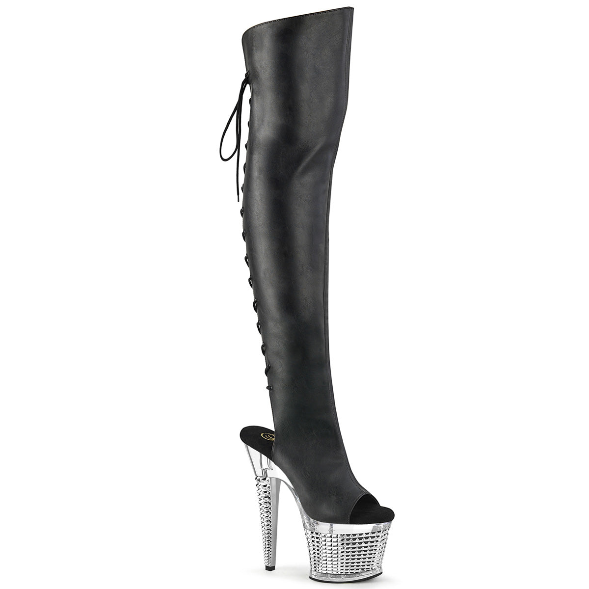 Pleaser  Boots SPECTATOR-3019 Blk Faxur Leather/Clr-Slv Chrome